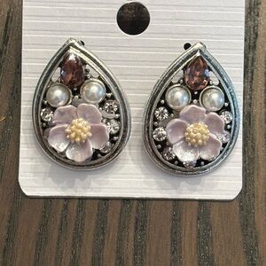 Silver and Pink Floral Teardrop Stud Earrings with Faux Pearls